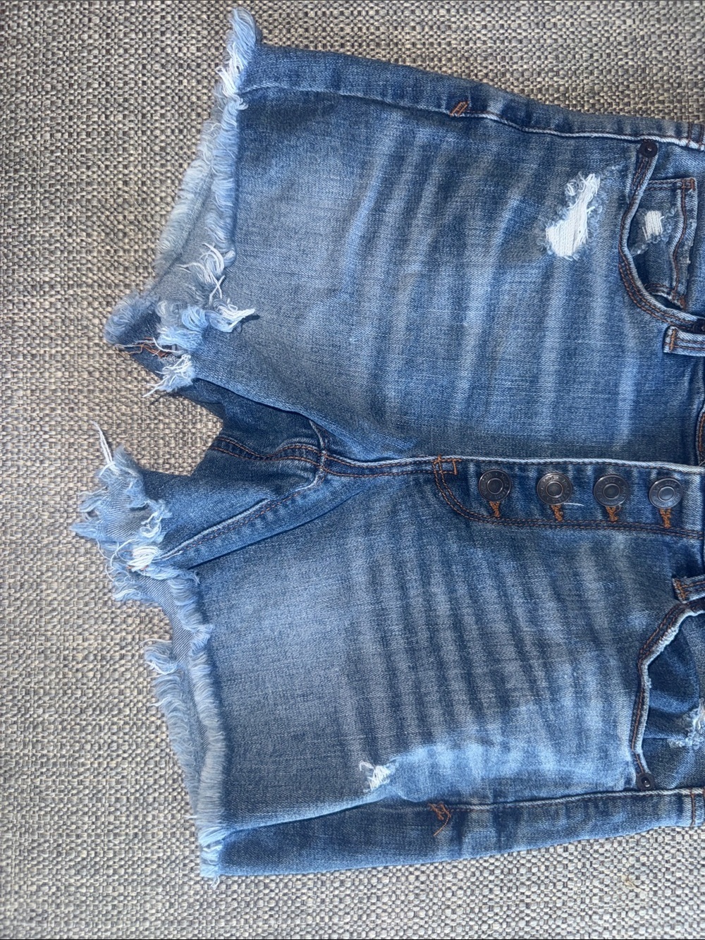Mudd Blue Distressed High-Rise Button-Fly Denim Shorts - Picture 7 of 10